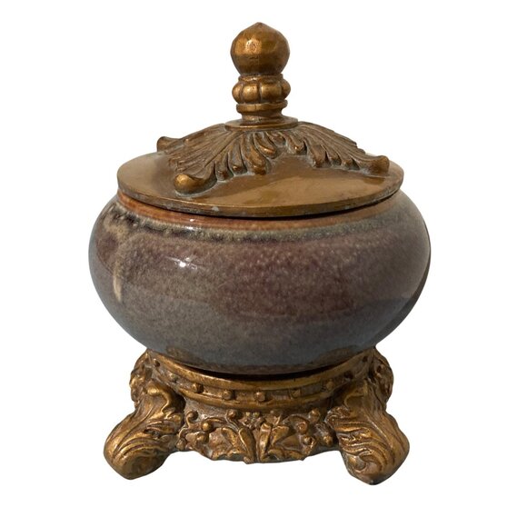 Purple Ceramic And Gold Tone Accents Decorative Bowl Container With Lid - Picture 4 of 9